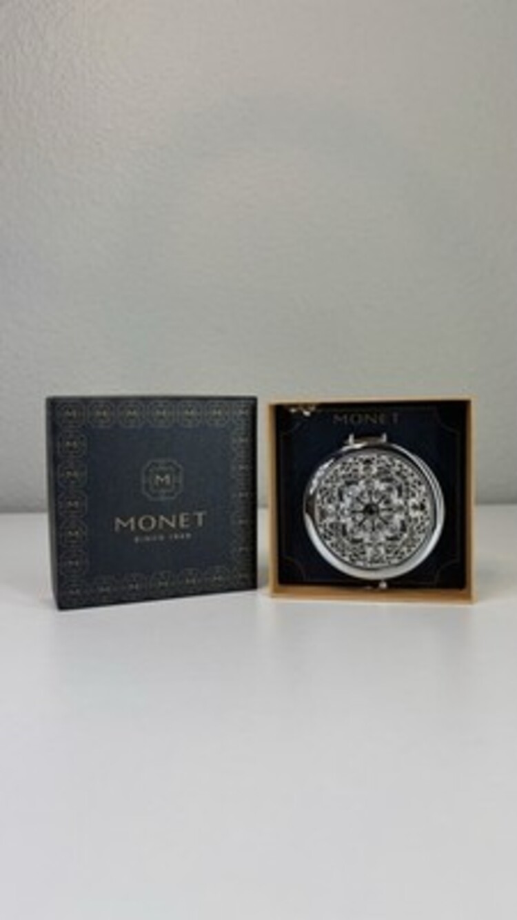 Monet Cosmetic Compact Mirror New In Box Bedazzled Silver Tone Never Used